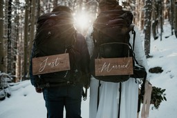 Just Married hiking backpack signs
